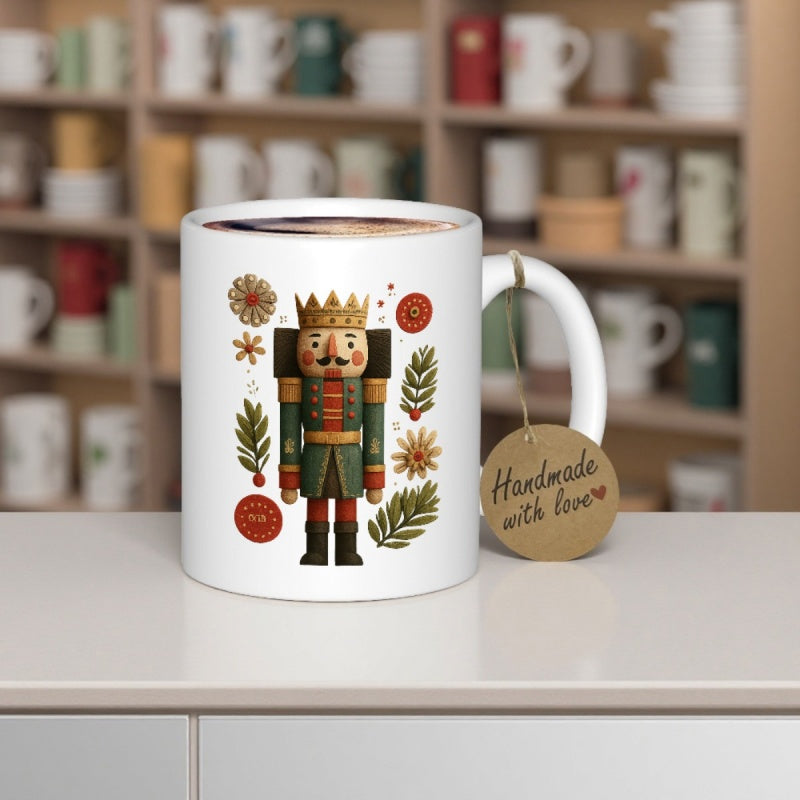 Tailorly White Ceramic 11 oz Mug - Handmade With Love Traditional Wooden Soldier Wearing Crown Surrounded By Festive Winter Botanical Elements Nutcracker
