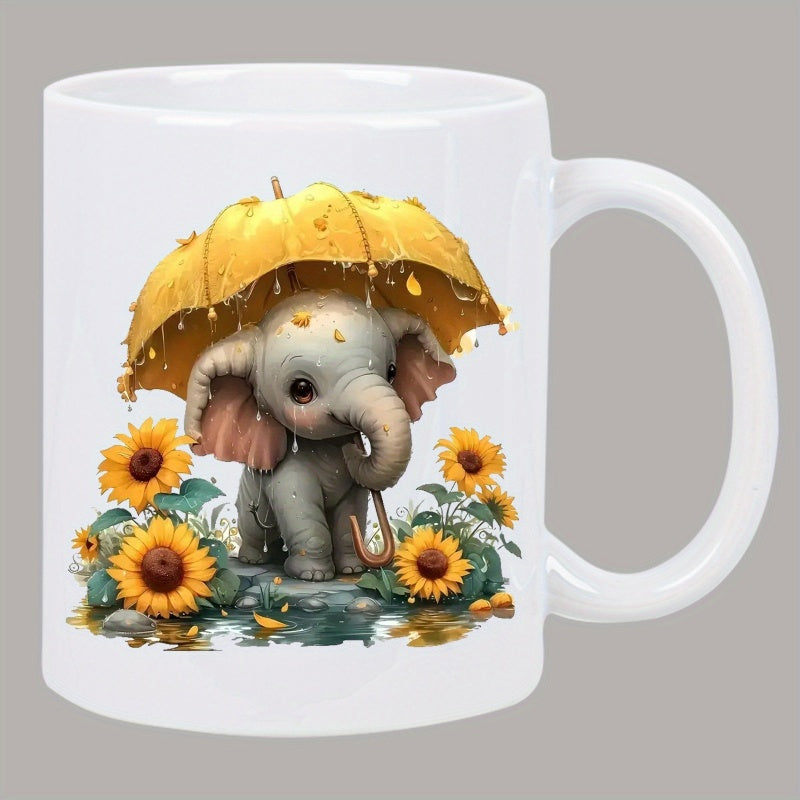 Tailorly White Ceramic 11 oz Mug - Adorable Baby Elephant Under Yellow Umbrella Among Blooming Sunflowers Elephant