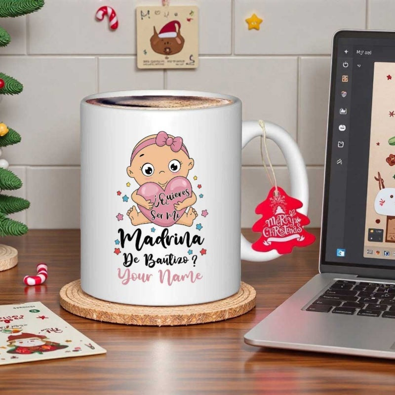 Tailorly White Ceramic 11 oz Mug - Your Name Adorable Cartoon Girl Sitting With Pink Bow And Soft Heart Baby