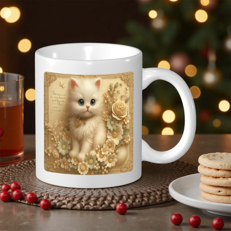 Tailorly White Ceramic 11 oz Mug - Vintage Style Fluffy White Kitten Featuring Golden Roses And Elegant Floral Patterns Kitten