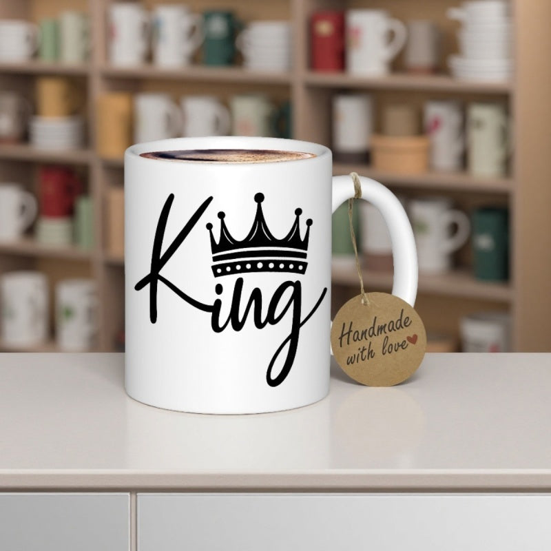 Tailorly White Ceramic 11 oz Mug - King Elegant Black Artistic Minimalist Graphic Icon Printed On White Surface Crown