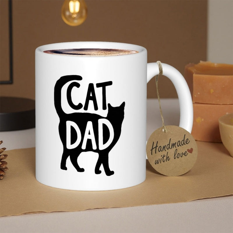 Tailorly White Ceramic 11 oz Mug - Cat Dad Minimalist Black Standing Feline Silhouette With Elegant Curved Tail Profile Cat