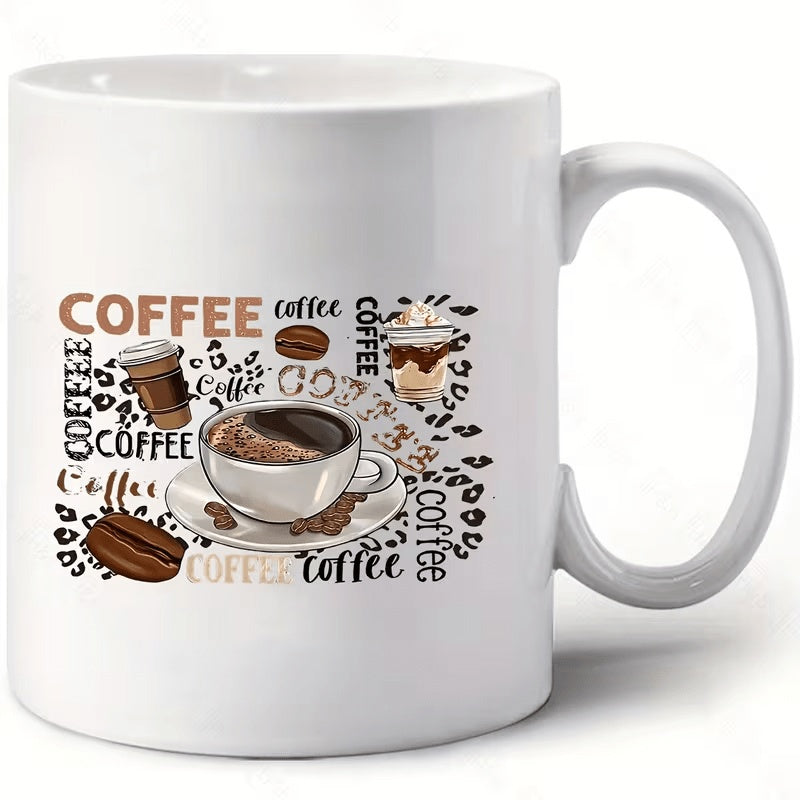 Tailorly White Ceramic 11 oz Mug - Coffee Vintage Style Steaming Mug Surrounded By Roasted Beans And Spotted Textures Coffee
