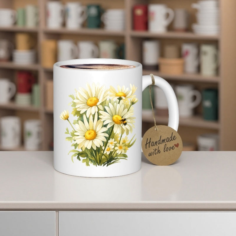 Tailorly White Ceramic 11 oz Mug - Handmade With Love Vibrant Blooming White Daisies Under Golden Sun Ray Flower