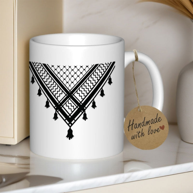 Tailorly White Ceramic 11 oz Mug - Handmade With Love Intricate Black Traditional Middle Eastern Geometric Design With Symbolic Tassels Pattern