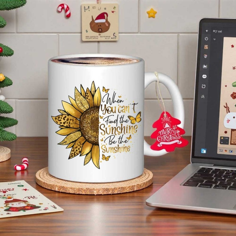 Tailorly White Ceramic 11 oz Mug - When You Can't Find The Sunshine Be The Sunshine Vibrant Artistic Petals Featuring Leopard Print And Delicate Golden Flying