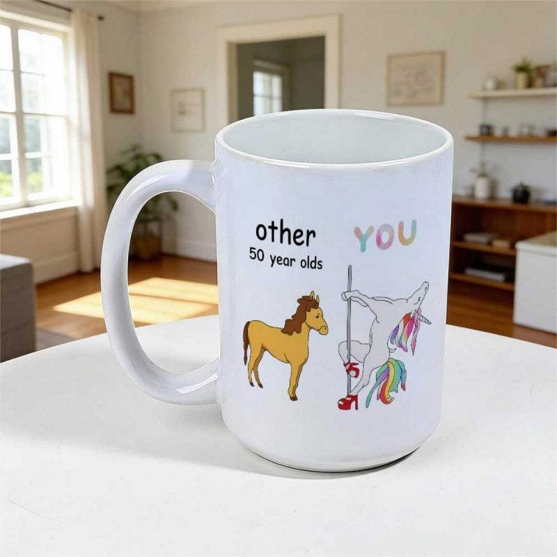 Tailorly White Ceramic 11 oz Mug - Other 50 Year Olds You Playful Rainbow Creature Dancing On Pole Beside Sturdy Brown Horse Unicorn
