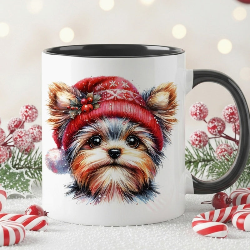 Tailorly Black Accent 11 oz Mug - adorable yorkshire terrier wearing a red knitted hat
