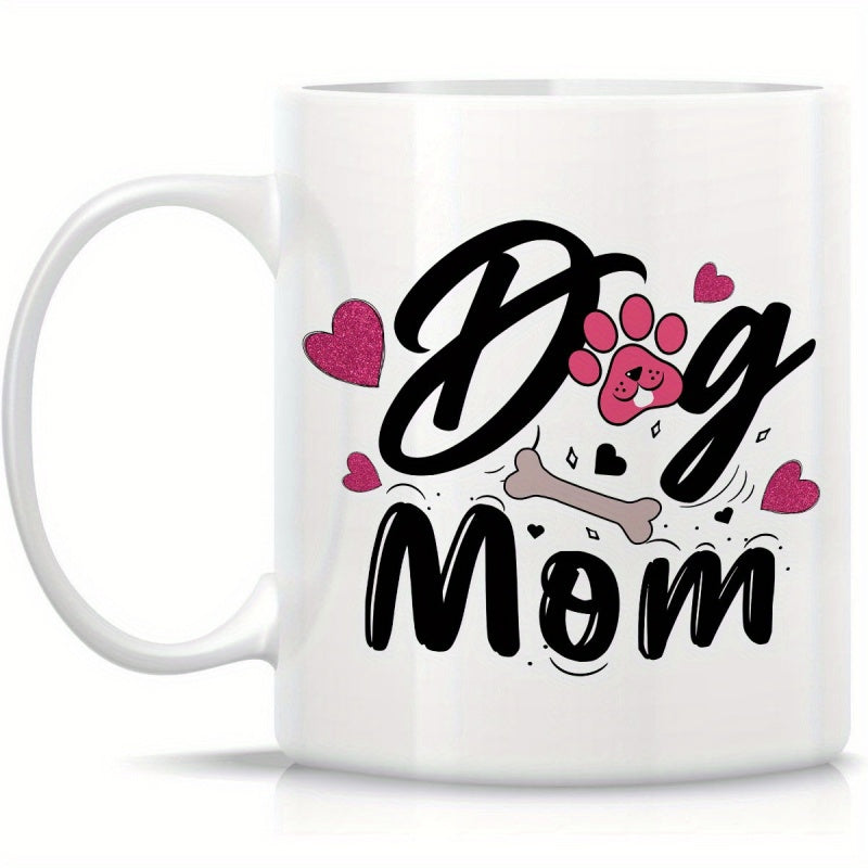 Tailorly White Ceramic 11 oz Mug - Dog Mom Artistic Pink Paw Print With Glitter Hearts And Small Bone Mug