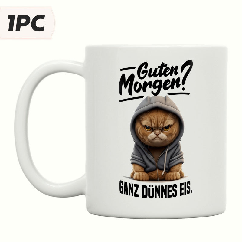 Tailorly White Ceramic 11 oz Mug - Grumpy Ginger Kitten Sitting Inside A Cozy Grey Hoodie Cat