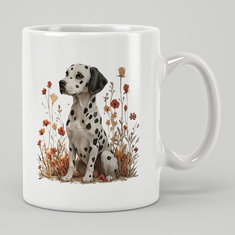 Tailorly White Ceramic 11 oz Mug - Charming Spotted Dog Sitting Patiently Among Delicate Blooming Autumn Wildflowers Dalmatian