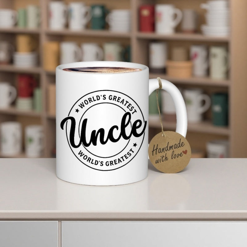 Tailorly White Ceramic 11 oz Mug - World's Greatest Uncle Minimalist Circular Badge Design With Bold Script Lettering Sign