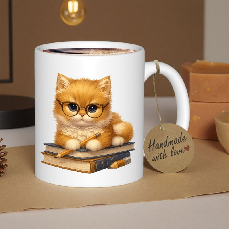 Tailorly White Ceramic 11 oz Mug - Handmade With Love Studious Small Fluffy Cat Wearing Glasses On Top Of Old Books Kitten