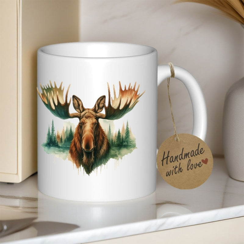 Tailorly White Ceramic 11 oz Mug - Majestic Wild Animal With Large Antlers Among Green Pine Forest Moose