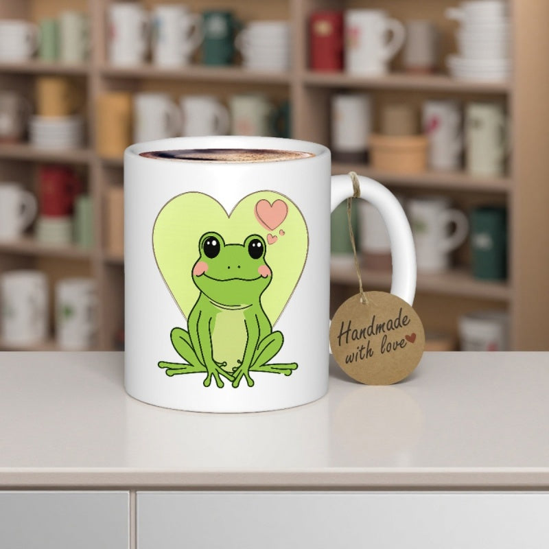 Tailorly White Ceramic 11 oz Mug - Handmade With Love Adorable Cartoon Green Frog Sitting Inside Large Heart Frog