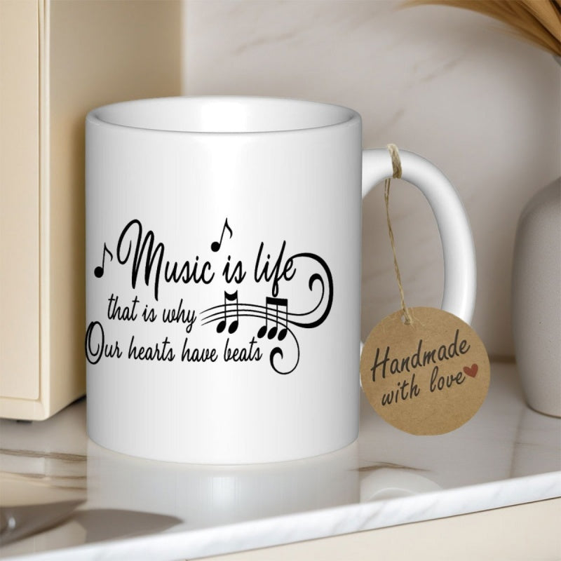 Tailorly White Ceramic 11 oz Mug - Music Is Life That Is Why Our Hearts Have Beats Artistic Black Musical Notes Floating Around Elegant Script Typography Mug