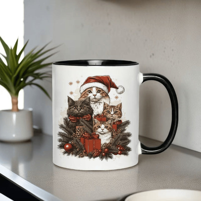 Tailorly Black Accent 11 oz Mug - cat wearing santa hat and gift design
