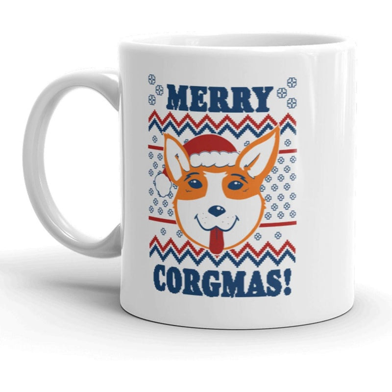 Tailorly White Ceramic 11 oz Mug - Merry Corgmas Happy Dog With A Red Holiday Hat Among Decorative Winter Patterns Corgi