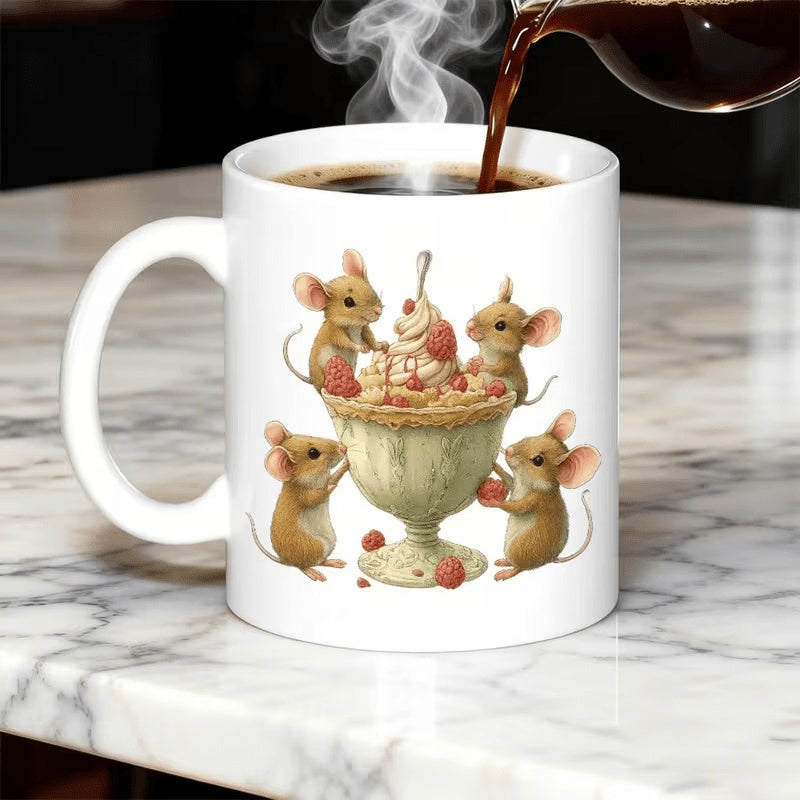Tailorly White Ceramic 11 oz Mug - Adorable Brown Mice Sharing A Sweet Raspberry Sundae Dessert Goblet Mice