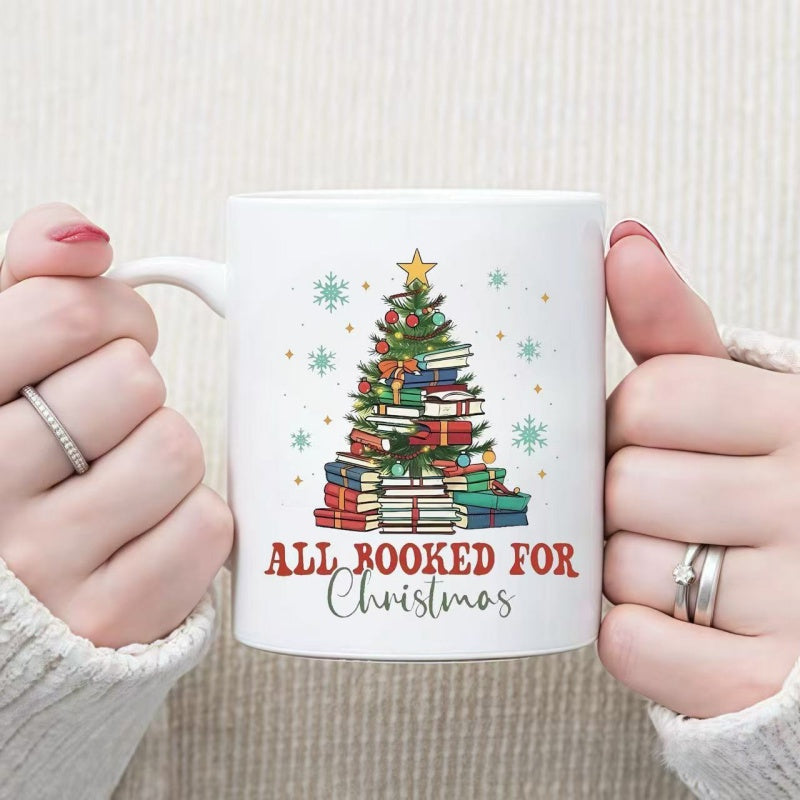 Tailorly White Ceramic 11 oz Mug - All Booked For Christmas Festive Stack Of Colorful Books Arranged Into A Tall Starry Christmas Tree