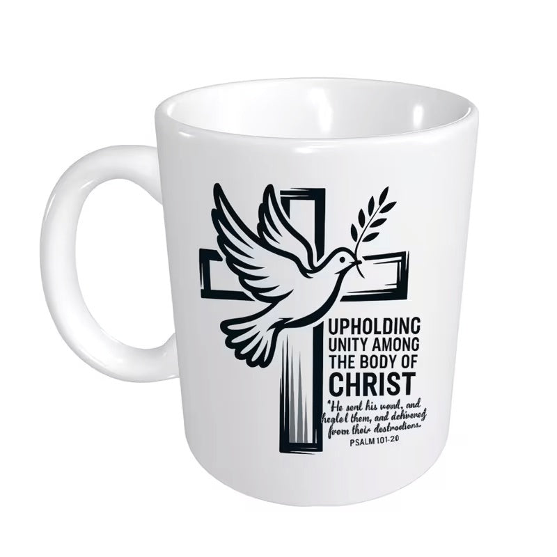 Tailorly White Ceramic 11 oz Mug - Upholding Unity Among The Body Of Christ Flying Peacefully With An Olive Branch Against A Shaded Religious Wooden Cross Dove
