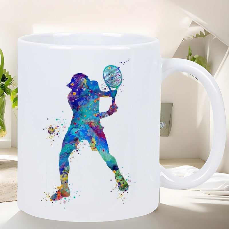 Tailorly White Ceramic 11 oz Mug - Vibrant Multi Color Watercolor Splatter Style Dynamic Tennis Action Racket Player
