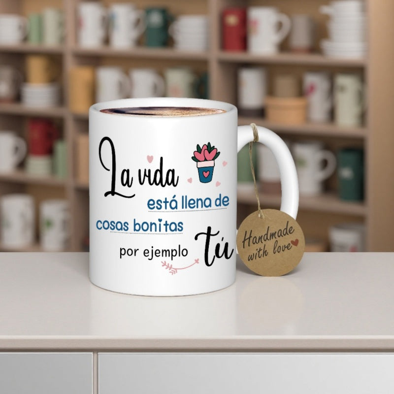 Tailorly White Ceramic 11 oz Mug - Handmade With Love Minimalist Potted Plant Featuring Pink Hearts And Delicate Artistic Dots Plant