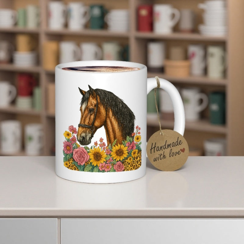 Tailorly White Ceramic 11 oz Mug - Handmade With Love Majestic Brown Stallion Surrounded By Sunflowers And Vibrant Summer Blooms Horse