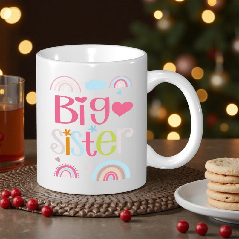 Tailorly White Ceramic 11 oz Mug - Big Sister Colorful Pastel Arches Featuring Charming Hearts And Delicate Clouds Rainbow