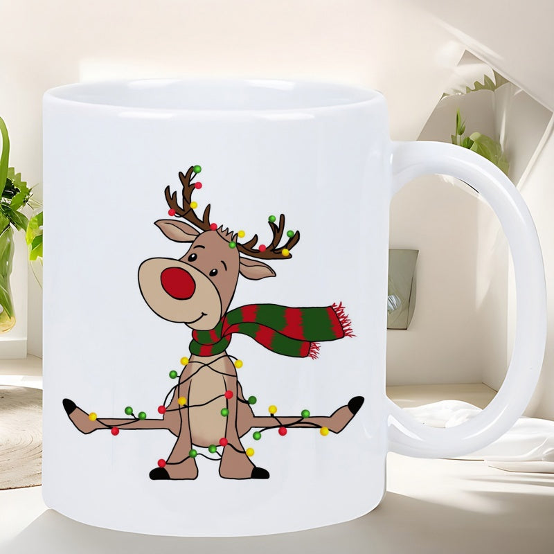 Tailorly White Ceramic 11 oz Mug - Festive Cartoon Character Tangled In Colorful Christmas Lights With A Scarf Reindeer