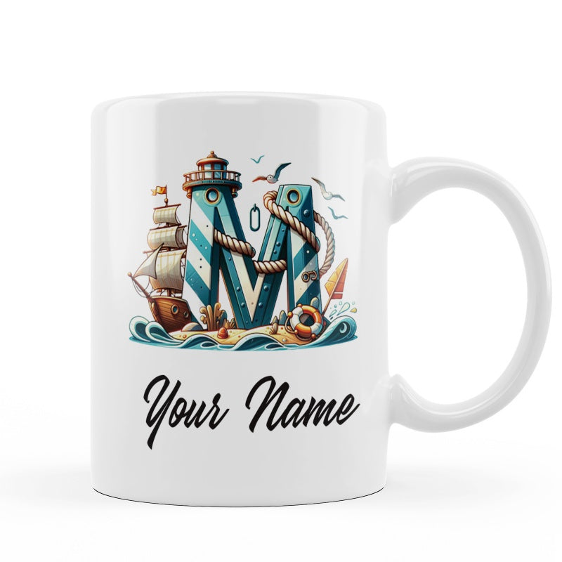 Tailorly White Ceramic 11 oz Mug - Your Name Vintage Sailing Ship And Lighthouse Integrated Into Stylized Letter M Monogram