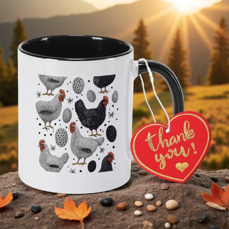 Tailorly Black Accent 11 oz Mug - rooster and hen black with white illustration