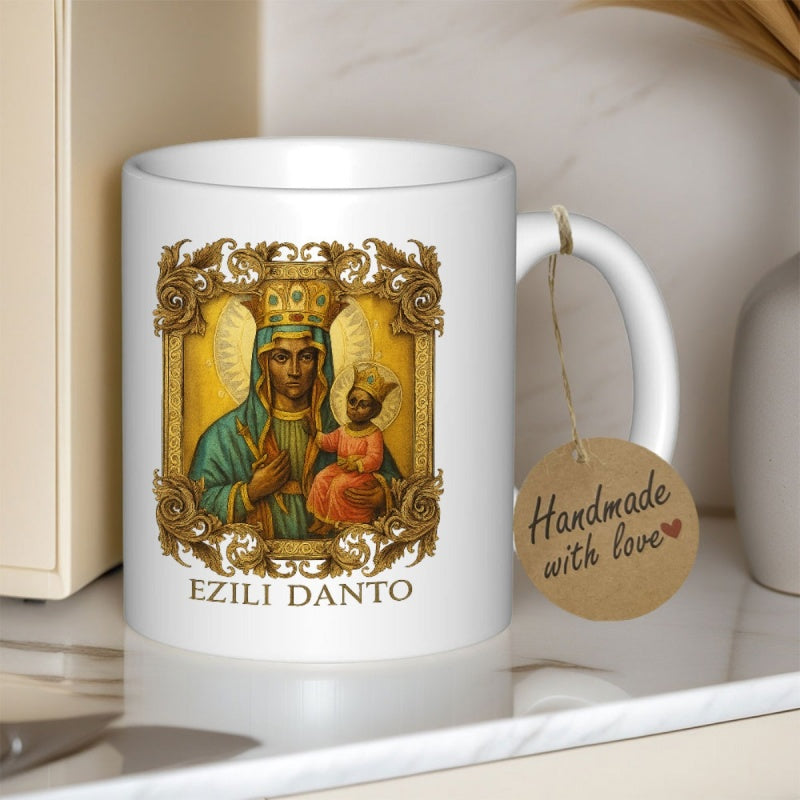 Tailorly White Ceramic 11 oz Mug - Ezili Danto Divine Sacred Madonna With Golden Ornate Frame Holding A Child Icon