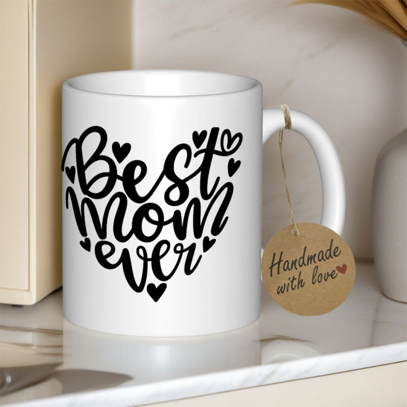 Tailorly White Ceramic 11 oz Mug - Best Mom Ever Graceful Script Typography Arranged Within A Silhouette Of Tiny Decorative Love Hearts Heart