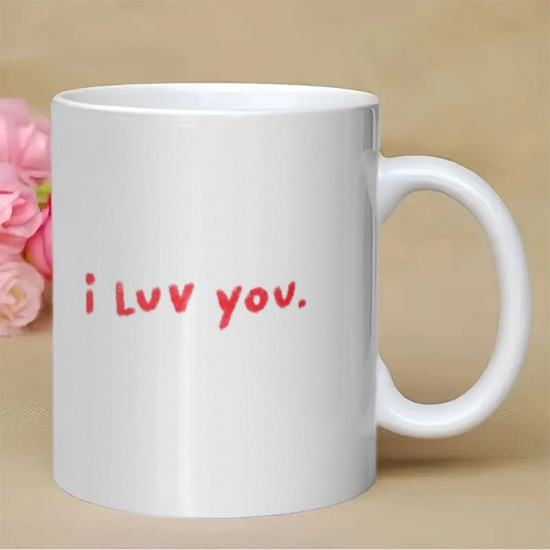 Tailorly White Ceramic 11 oz Mug - I Luv You Plain White Ceramic Cup Featuring Red Handwritten Letters Mug