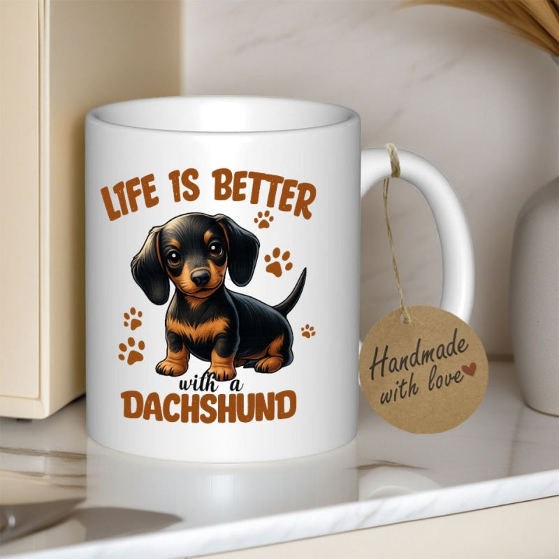 Tailorly White Ceramic 11 oz Mug - Life Is Better With A Dachshund Adorable Small Puppy Sitting Calmly Among Scattered Tiny Paw Prints Dachshund