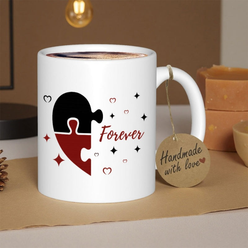 Tailorly White Ceramic 11 oz Mug - Forever Two Interlocked Jigsaw Puzzle Pieces Forming A Romantic Shape With Stars Heart