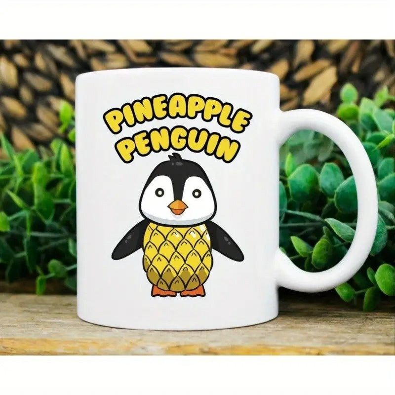 Tailorly White Ceramic 11 oz Mug - Pineapple Penguin Adorable Little Bird With Tropical Fruit Body Design Decorative Art Penguin