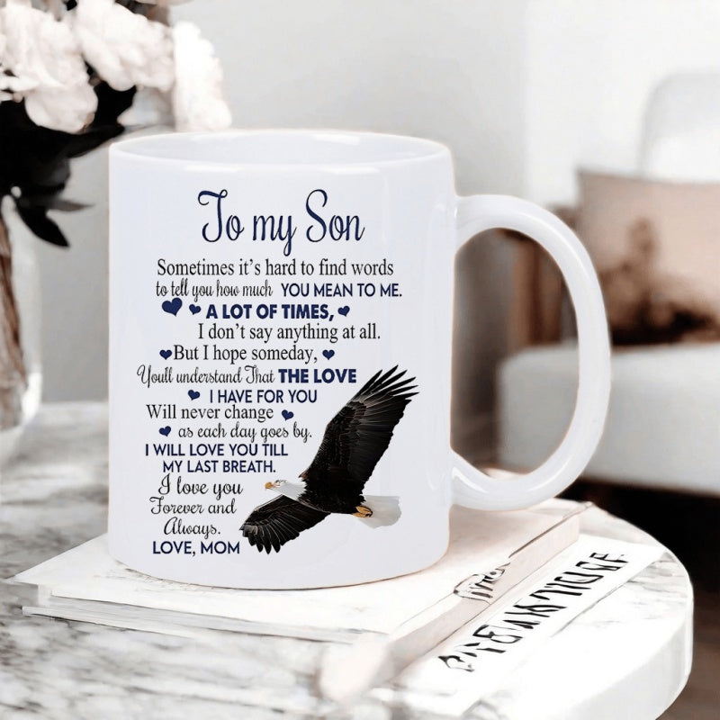 Tailorly White Ceramic 11 oz Mug - To My Son Love Mom Majestic Bald Eagle Soaring High With Powerful Outstretched Wings Eagle