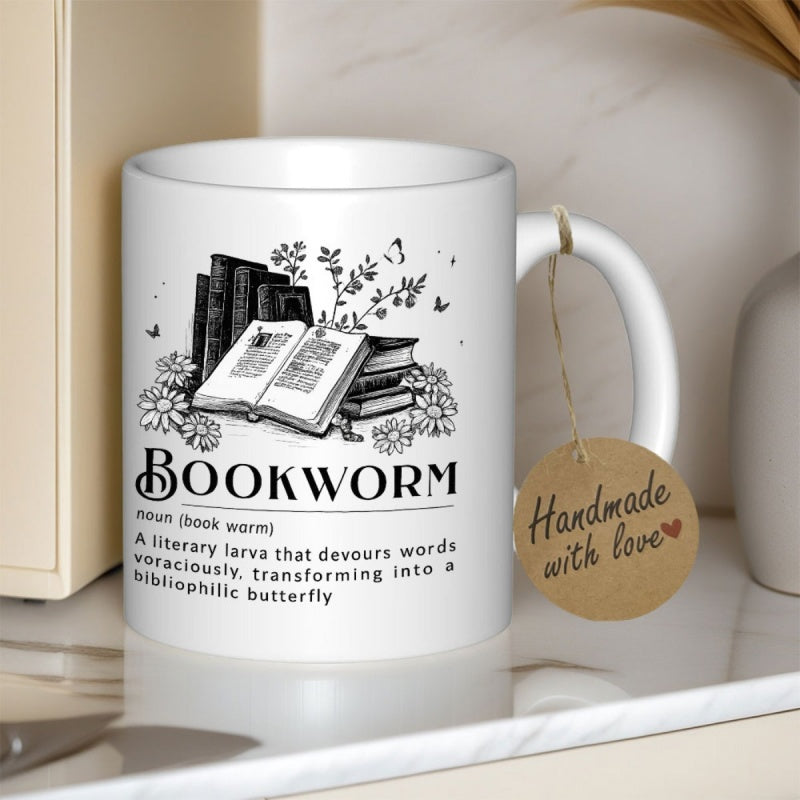 Tailorly White Ceramic 11 oz Mug - Bookworm Noun Book Worm A Literary Larva That Devours Words Voraciously Transforming Into A Bibliophilic Butterfly Vintage