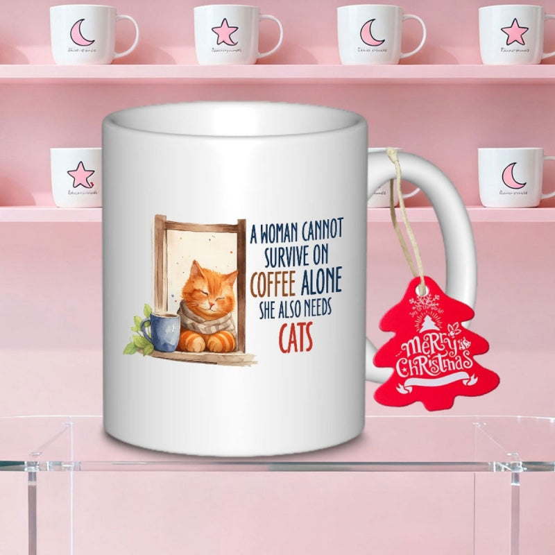 Tailorly White Ceramic 11 oz Mug - A Woman Cannot Survive On Coffee Alone She Also Needs Cats Gentle Orange Feline Resting By Wooden Window Frame Near Warm