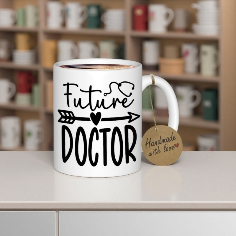 Tailorly White Ceramic 11 oz Mug - Future Doctor Handmade With Love Elegant Medical Symbols With Decorative Arrow And Small Heart Stethoscope