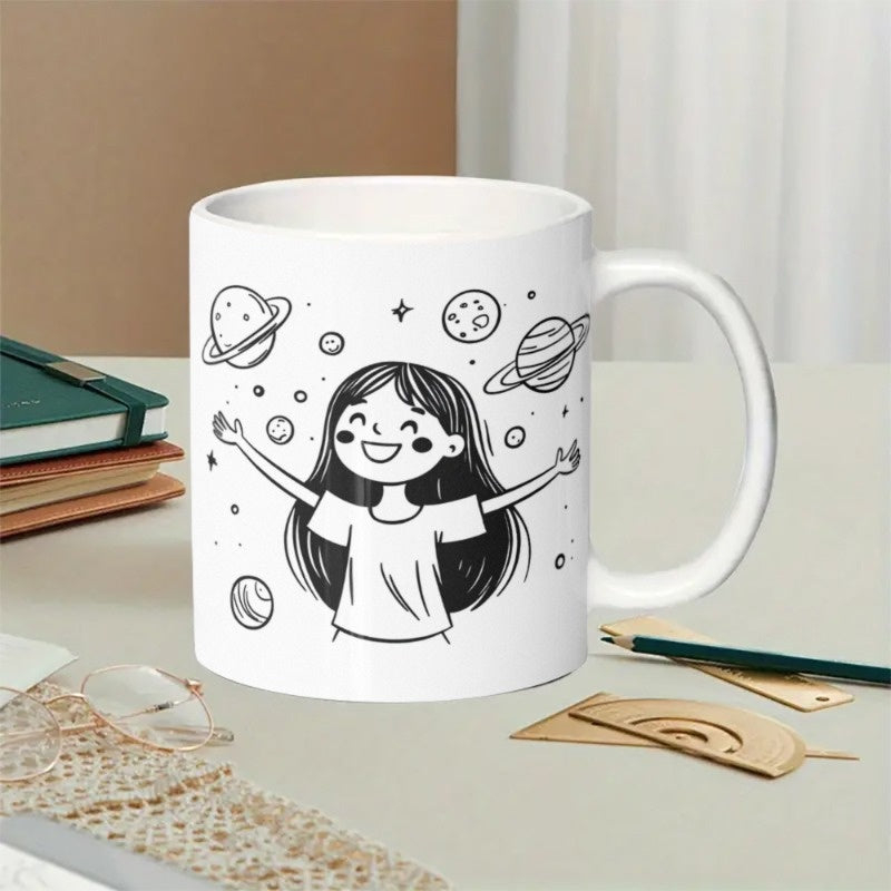 Tailorly White Ceramic 11 oz Mug - Happy Dreaming Cartoon Character With Open Arms Among Minimalist Space Planets Girl