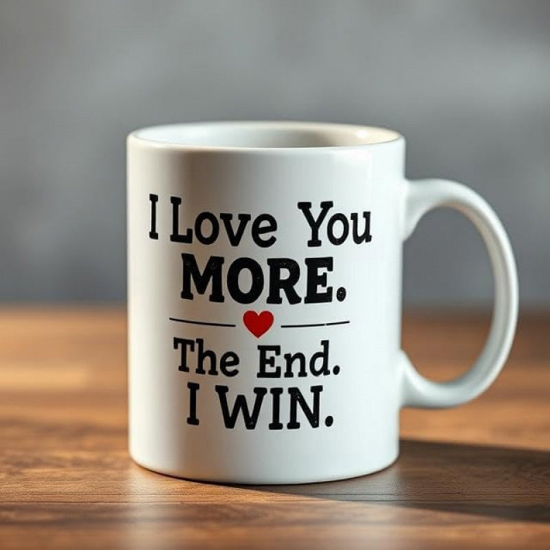 Tailorly White Ceramic 11 oz Mug - I Love You More The End I Win Typographic Design Featuring A Small Red Heart Heart