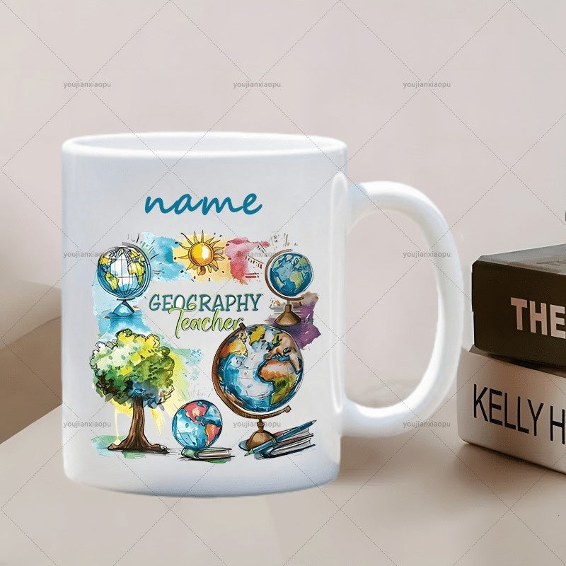 Tailorly White Ceramic 11 oz Mug - Geography Teacher Name Artistic Watercolor Earth Globes Among Lush Trees And Scholarly Books Globe