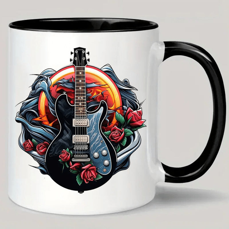 Tailorly Black Accent 11 oz Mug - punk rock guitar with roses and flames