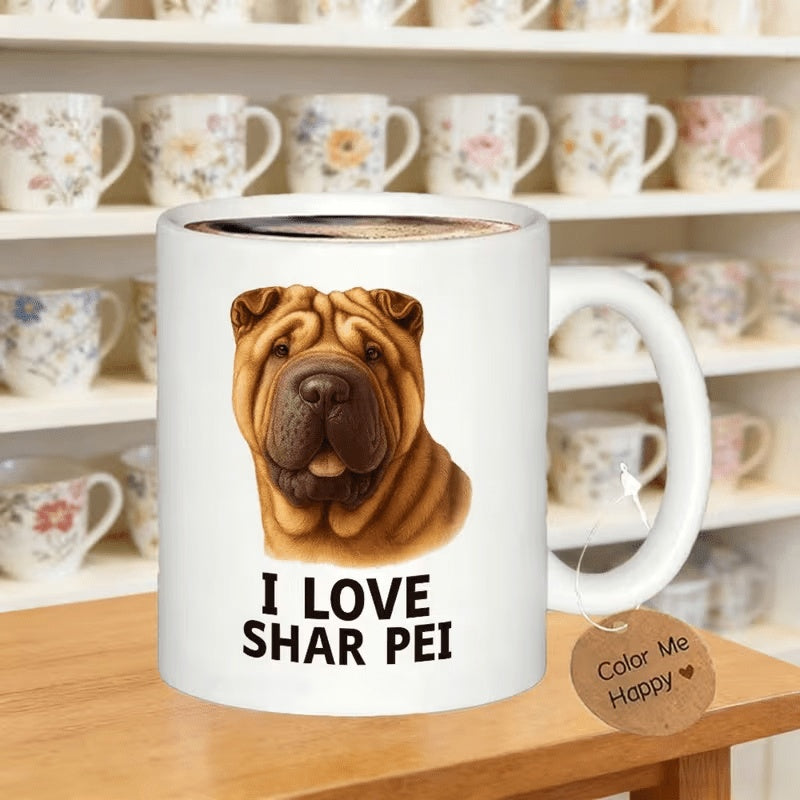 Tailorly White Ceramic 11 oz Mug - I Love Shar Pei Detailed Realistic Brown Wrinkled Portrait With Loyal Soft Expressions Shar Pei