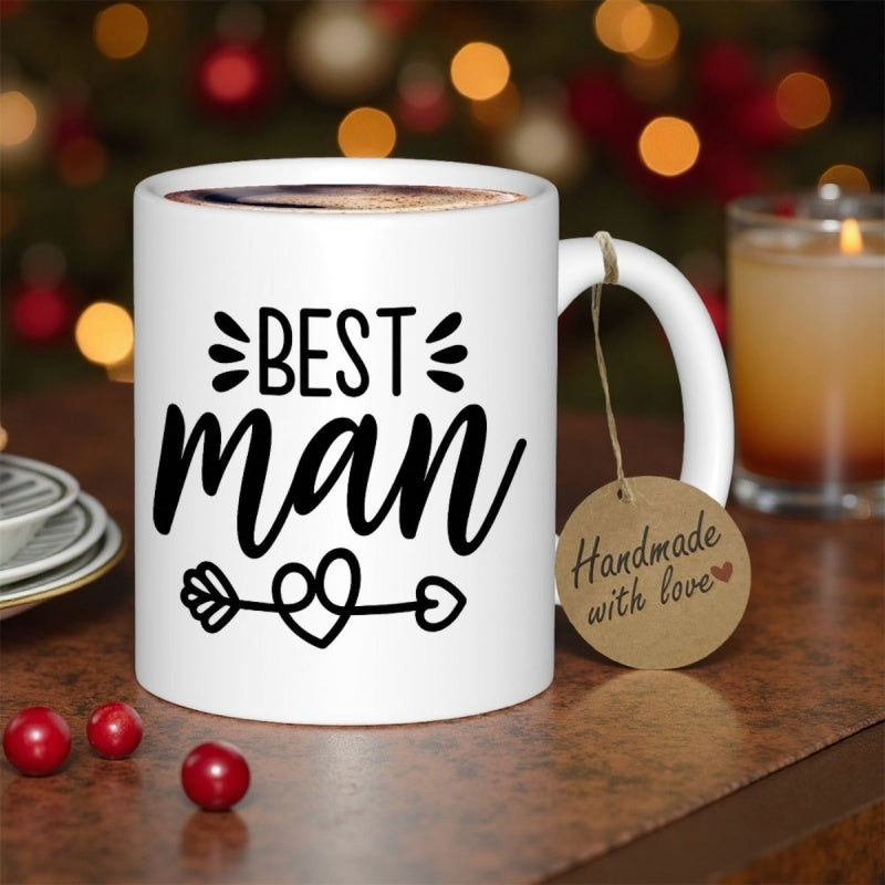 Tailorly White Ceramic 11 oz Mug - Best Man Minimalist Script Lettering With A Decorative Romantic Stylized Heart Arrow