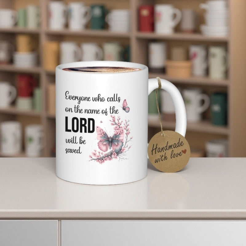 Tailorly White Ceramic 11 oz Mug - Everyone Who Calls On The Name Of The Lord Will Be Saved Soft Pink Butterfly Fluttering Among Delicate Blooming Floral Branches