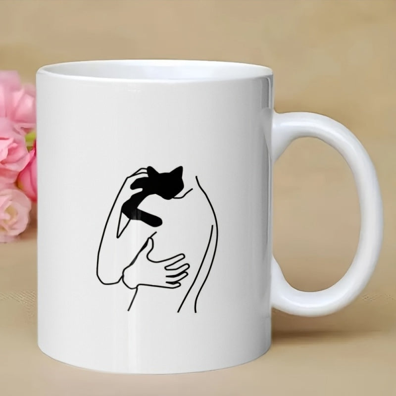 Tailorly White Ceramic 11 oz Mug - Minimalist Line Drawing Of Person Embracing A Silhouette Of A Black Cat